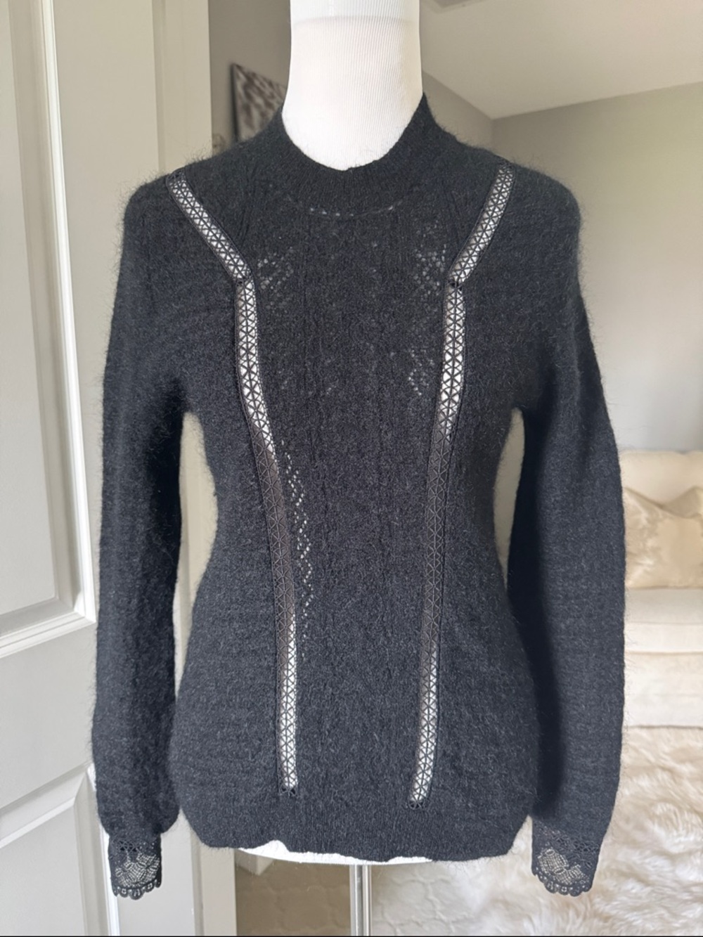 Sezane Cheryl Kid Mohair Blend Crochet Black Lace-Trim Knit Sweater Jumper Sz S